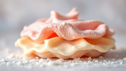 Delicate meringue cookie with pink frosting and sugar crystals, close up view