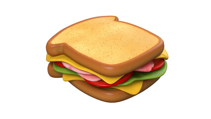 A colorful sandwich with layers of cheese, ham, lettuce, and tomato, showcasing a delicious food option.