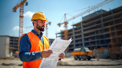 A builder handsome foreman, wearing a hard hat and reflective vest, holding a set of detailed building plans and observing the construction site with cranes and scaffolding.