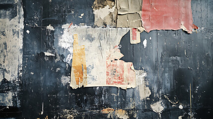 Obraz premium poster mockup with torn paper collage style, rough textures, urban wall background, layered rips and tape, gritty street art vibe, moody lighting.