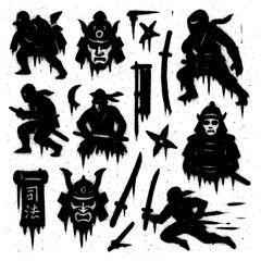 Samurai and Ninja Symbols - Spray Paint Graffiti Icons with Blood Splatter - Transparent PNG