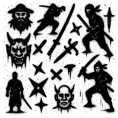 Samurai and Ninja Symbols - Spray Paint Graffiti Icons with Blood Splatter - Transparent PNG