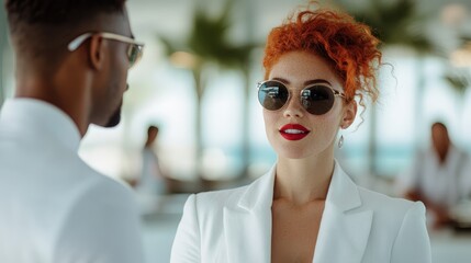 A sophisticated couple wearing stylish sunglasses and elegant attire, engaging in conversation at a glamorous event, capturing the essence of modern luxury and social connection.