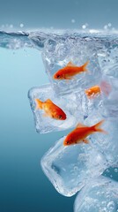 Goldfish swimming through floating ice cubes in clear water