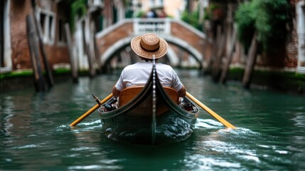 Obraz premium A gondolier navigates a serene Venetian canal, capturing the tranquil essence of water travel in Venice, with picturesque old buildings lining the banks.