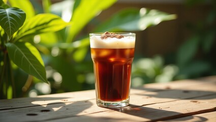 Café helado en vaso alto con condensación, sobre una mesa rústica de madera