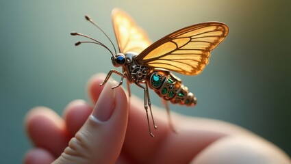 Una mariposa mecánica aterriza en la punta de un dedo humano bajo la suave luz de la mañana