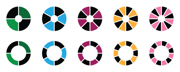 Circle section graph, Pie chart round. Loading bar set diagram multicolored collection. Different color circles. donut and pie chart infographic elements. Colorful diagram graphs. collection with, 1 t