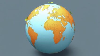 Cartoon earth globe with green leaves on a gray background
