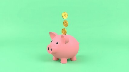 Coins falling into a pink piggy bank on a green background, saving money concept