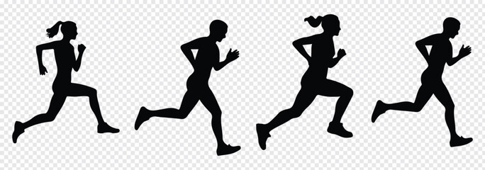 Man and Woman running silhouettes icon. Running men and women, vector set of isolated white background.