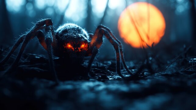 A close-up view of a large, enigmatic spider with glowing eyes set against an eerie backdrop, creating a spooky atmosphere that sparks curiosity and fear.
