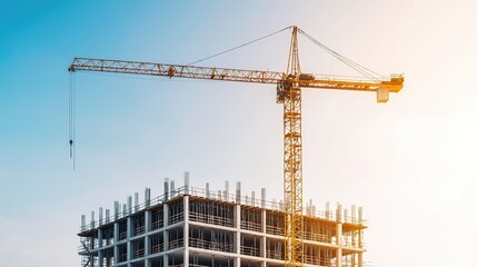 Construction site with a commercial area nearby, shops and offices visible, a large building under construction, clear blue sky