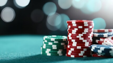 A vibrant stack of poker chips in red, white, and green colors arranged on a felt surface, evoking excitement, competition, and the thrill of gambling and card games.