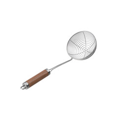 A metal strainer with a wooden handle, used for draining liquids from food or straining ingredients.