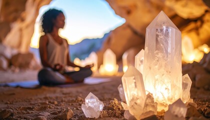 A serene meditation session in a cave surrounded by glowing quartz crystals symbolizing spiritual healing, mindfulness and inner peace