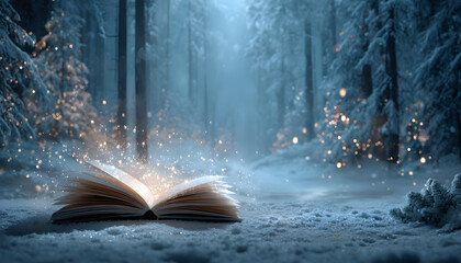 Christmas fairy-tale background with magical open book. Winter holidays, snowy forest.