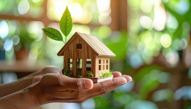 A person holds a wooden eco-friendly house model with green leaves in a lush background promoting sustainability and green living solutions