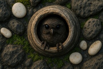 Obraz premium Spotted owlet peeking from hollow tree trunk with round stones and moss creates a charming forest wildlife scene