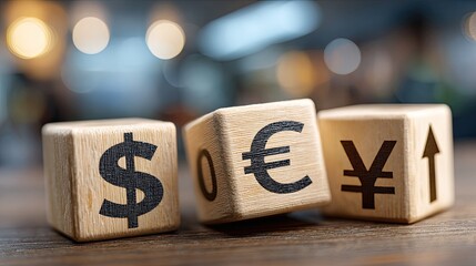 Wooden cubes representing currency exchange rates increasing