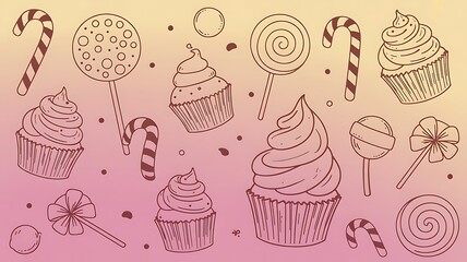 Sweet treats background with cupcakes and candies