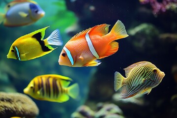 Obraz premium Aquatic Wonders Diverse Tropical Fish Swimming Gracefully in a Vibrant Aquarium Reef Underwater Life Marine Biology