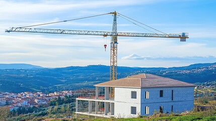Construction site with crane overlooking a valley.