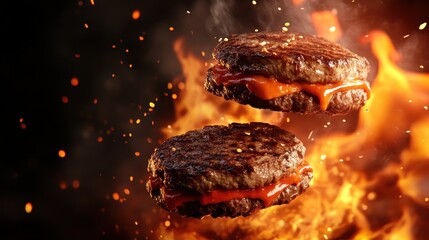 Two searing hamburger patties float above vibrant flames, capturing the intensity of grilling. The image showcases a perfect blend of fire and culinary excellence in motion.