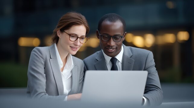 Two Business Professionals Collaborate on Laptop Displaying Teamwork and Innovation in Corporate Strategy Discussing Data Analysis and Financial Projections
