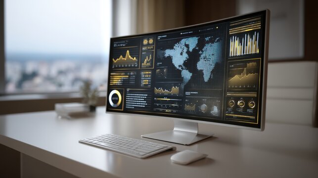 Financial data streams across a sleek curved monitor illuminating a modern workspace with global market analysis and insightful business intelligence insights