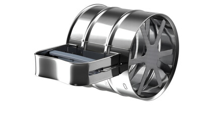 A futuristic design of a metallic device, possibly a fan or turbine, showcasing intricate detailing and a sleek appearance.