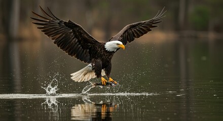 Obraz premium Bald eagle landing on water