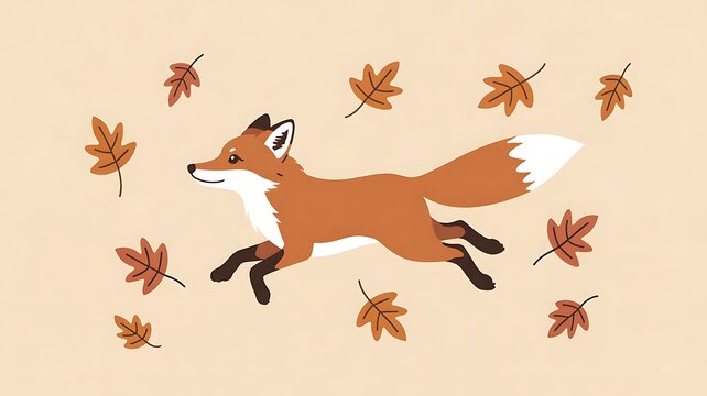 Cute red fox leaping through autumn leaves