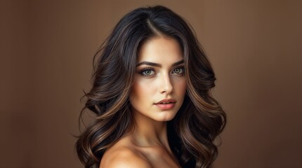 Naklejka premium Portrait of a woman with voluminous, wavy brunette hair and a subtle makeup look placed against a neutral background