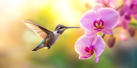 Naklejka premium Hummingbird and Orchid Vibrant Nature Photography