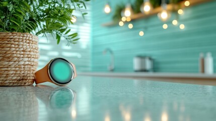 A sleek smartwatch resting on a stylish kitchen counter, reflecting modern technology, lifestyle, and the fusion of design with daily life interactions.