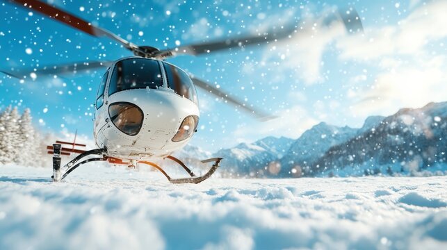 A snow-covered helicopter poised for action in a breathtaking winter landscape, emphasizing adventure, safety, and the spirit of exploration in extreme conditions. - Powered by Adobe