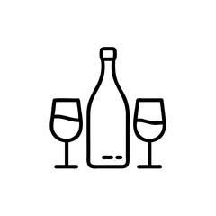 Wine Bottle Two Wine Glasses Handdrawn Line Art Icon Simple Graphic Design Element