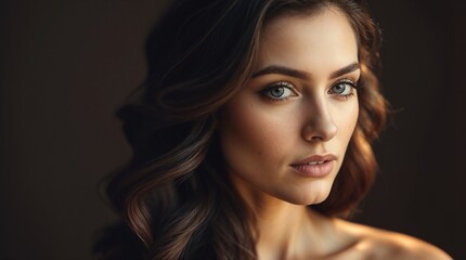 Fototapeta premium Portrait of a woman with voluminous, wavy brunette hair and a subtle makeup look placed against a neutral background