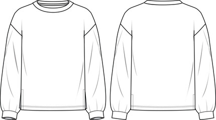 Women's Side Split Sweatshirt. Technical fashion sweatshirt illustration. Flat apparel sweat template front and back, white colour. Women's CAD mock-up