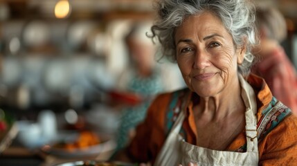 Fototapeta premium A joyful elderly woman, adorned in an apron, shares her warmth in a busy kitchen, representing love, tradition, and the art of culinary crafting passed through generations.