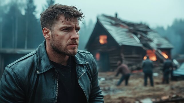 A rugged man stands resolutely before a burning cabin, conveying resilience in a chaotic environment, accentuating human strength amid turmoil and uncertainty. - Powered by Adobe