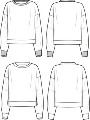 Women's Side Split and Basic Sweatshirt Set. Technical fashion sweatshirts illustration. Flat apparel sweats template front and back, white colour. Women's CAD mock-up.