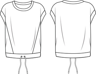 Women's Short-Sleeved Sweatshirt. Technical fashion illustration. Front and back, white colour. Unisex CAD mock-up.