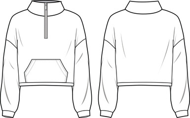Unisex Half Zip Sweatshirt. Technical fashion sweatshirt illustration. Flat apparel sweat template front and back, white colour. Unisex CAD mock-up.