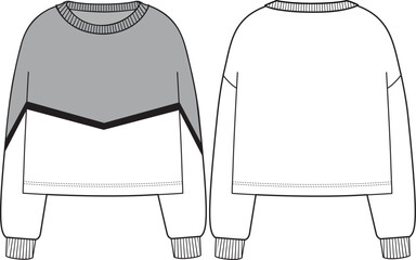 Women's Trimmed Boxy Crop Sweatshirt. Technical fashion sweatshirt illustration. Flat apparel sweat template front and back, white color. Women's CAD mock-up.