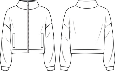 Unisex Zip Through Jacket. Technical fashion jacket illustration. Flat apparel jacket template front and back, white color. Unisex CAD mock-up.