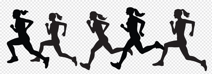 Man and Woman running silhouettes icon. Running men and women, vector set of isolated white background.