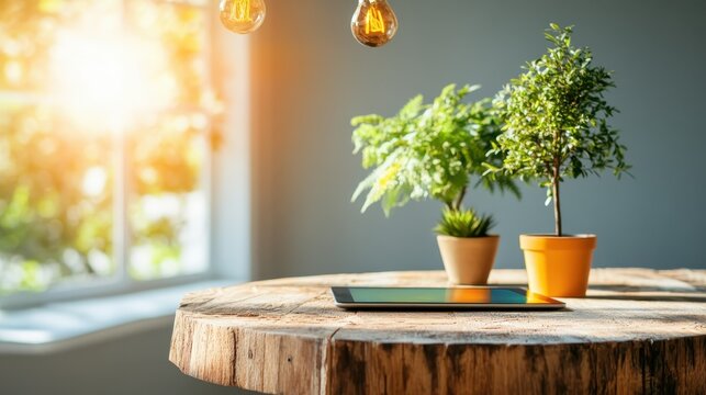 A rustic wooden table adorned with potted plants and a tablet, merging nature with technology in a beautifully lit modern setting, perfect for relaxation or creative work.