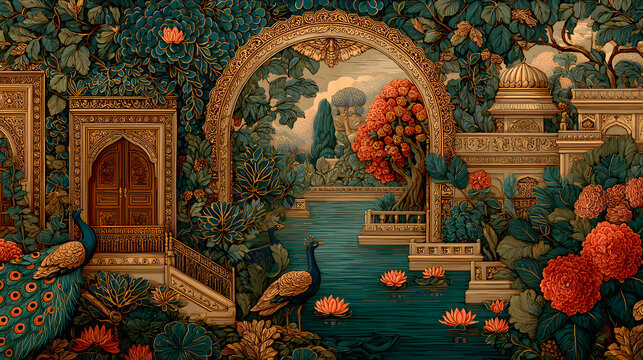 .A detailed pichwai art-inspired design featuring a Mughal garden with graceful peacocks, lotus flowers floating on a pond, and an intricate arch frame. The scene is rich with vibrant colors